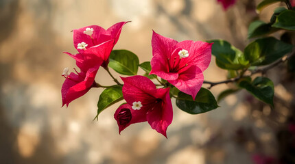 Vibrant magenta bougainvillea flowers bloom with delicate white centers against a softly blurred background