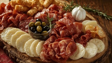 Spanish tapas platter with cured meats, cheeses, olives, and breadsticks