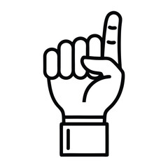 Pointing Finger Up: A line drawing illustration of a hand gesture displaying a single finger, symbolizing attention, agreement or number one.