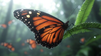 Obraz premium Monarch Butterfly Resting on Fern in Misty Forest