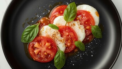 Tomato, mozzarella, and basil Caprese salad on a sleek black plate