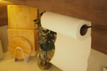 Kitchen paper towel roll hangs near wooden cutting boards