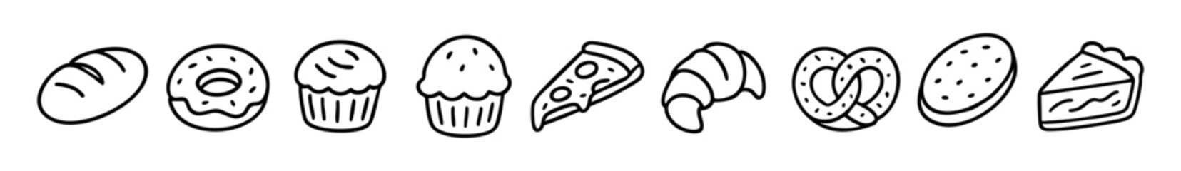 Line art drawing of assorted desserts and sweets including donuts cupcakes and cake slices for food design