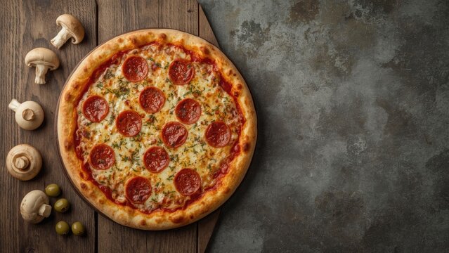 Tasty pepperoni pizza with mushrooms, olives, and copy space