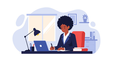 Black businesswoman working on laptop in modern office, perfect for websites and brochures.