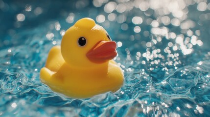 Yellow rubber duck floats on rippling water