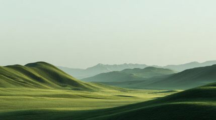 Green rolling hills under soft sunlight with distant mountain range and clear sky creating peaceful natural landscape