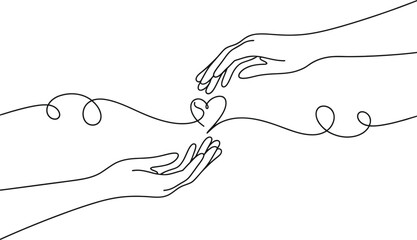 Four hands connected by a single line forming a heart in the center