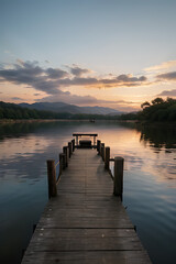 Fototapeta premium Wooden pier stretching into a calm lake at sunset, with mountains and clouds reflected in the water.