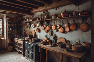 A rustic kitchen interior with copper pots and pans hanging on the wall shelves