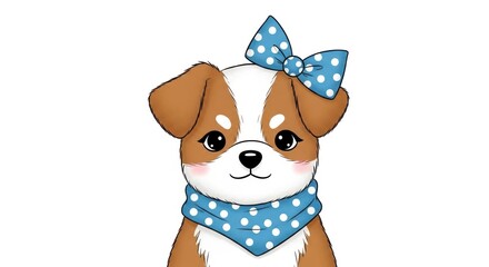 A cartoon dog with a blue polkadot bow and scarf against a white background
