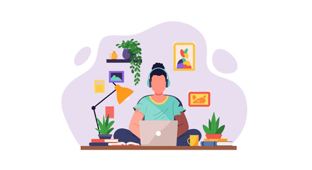 Person working from home on laptop, surrounded by plants and books. Ideal for blogs, websites, and articles about remote work, productivity, or comfortable home offices.