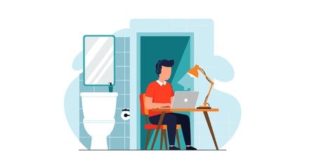 Person working on laptop in a bathroom, illustration for articles about remote work, work-life balance or unusual workplaces.