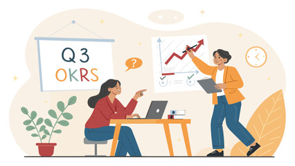 Two businesswomen are collaborating on a project, analyzing data and discussing strategies in a modern office setting, focusing on Q3 OKRs and performance growth.