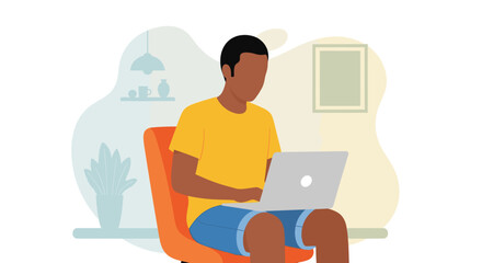 Illustration of a young Black man working on his laptop while sitting in a chair in his living room, showcasing remote work and modern lifestyle.