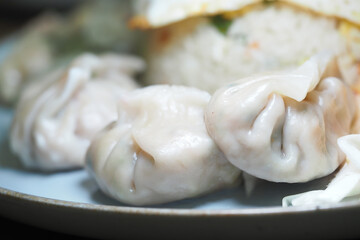 Dumplings served on a plate with a side of rice