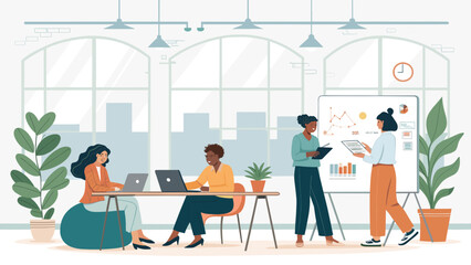 Diverse business team collaborating in a modern office, perfect for website banners or presentations.