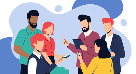 A diverse group of business professionals collaborates, sharing ideas and using technology in a modern office setting, fostering teamwork and innovation.