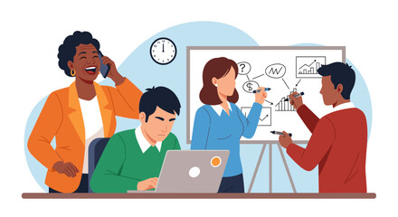 Diverse team collaborates on a project, brainstorming ideas and planning strategies in a modern office setting, showcasing teamwork and innovation.