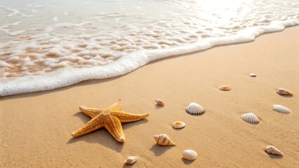 A single starfish rests on a golden sand beach, surrounded by scattered seashells as a gentle wave recedes.