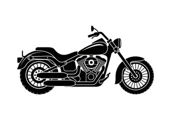 Naklejka premium Flat Black Silhouette Icon of Classic Cruiser Motorcycle with Spoked Wheels and Low Seat – Vintage Chopper Vector on White Background