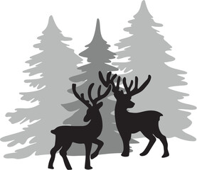 Obraz premium Christmas Deers in Forest Silhouette Vector Black and Gray Winter Illustration