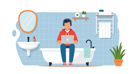 Person working on laptop in bathtub, perfect for illustrating remote work, work-life balance, or unusual workspaces.