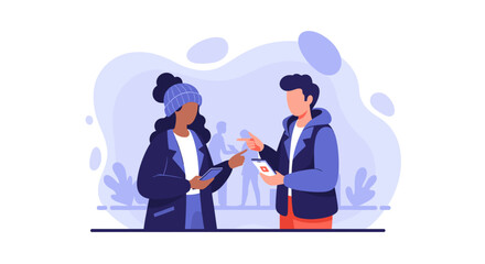 An illustration depicts two people interacting outdoors, one showing a phone and the other looking at it, set against a soft, abstract background.