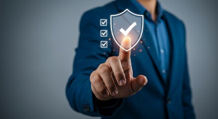 Man in Blue Suit Demonstrating Cyber Security and Data Protection with Digital Interface and Checklist Verification Process and Shield Icon