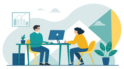 Two colleagues collaborating on a project, perfect for website banners or business presentations.