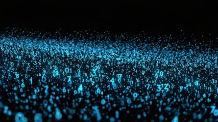 A multitude of glowing blue numbers are floating and flowing across a dark black background in a digital wave - Powered by Adobe