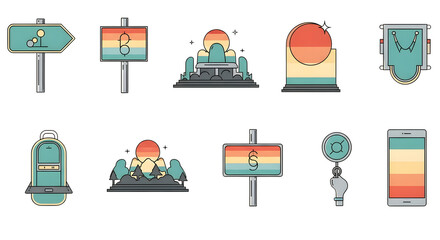 Various stylized icons depicting travel and destinations with a retro color palette design style