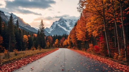 A paved road winds through a forest ablaze with autumn colors, leading towards majestic snow-covered mountains under a dramatic sky.