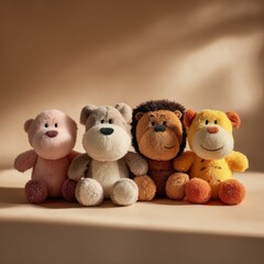 Cute and Colorful Plush Toys Group on Soft Background