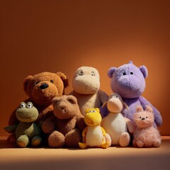 Adorable Collection of Colorful Stuffed Animals on Orange Background