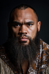 Obraz premium Portrait of a strong Polynesian man with a thick beard, displaying confident expression and traditional attire against a dark background