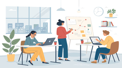 Diverse team brainstorming and working on a project together in a modern office. Ideal for website banners, presentations, and marketing materials.