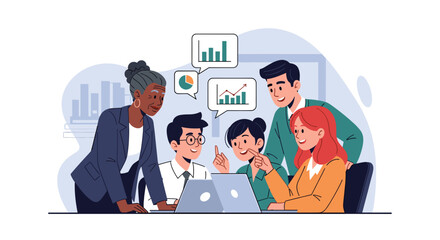 Diverse business team collaborating on project, analyzing data and charts. Ideal for websites, presentations, and reports.