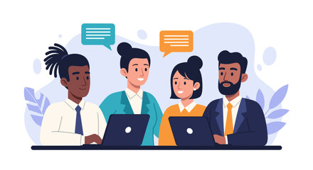 Diverse business team collaborating on laptops, ideal for website banners or presentations.