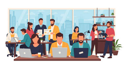 Diverse team of professionals collaborating in a modern office, perfect for website banners or business presentations.