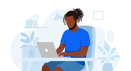 A young man works from home on his laptop. Perfect for websites, blogs, and articles about remote work, freelancing, or home offices.
