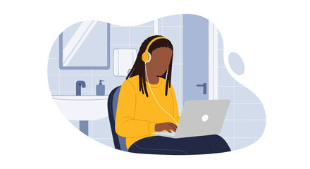 Woman working on laptop in a bathroom, perfect for articles on remote work or work-life balance.