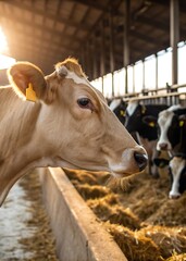 A close-up of a light brown cow with an ear tag eating hay in a barn. Other cows are visible in the background.