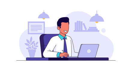 Smiling businessman working on laptop at his desk. Ideal for websites, presentations, or brochures related to business, success, or productivity.