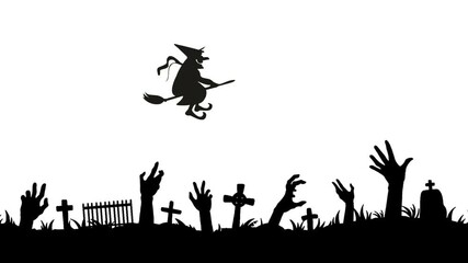 Zombie hand silhouette rising from grave beside tombstone in haunted cemetery with flying witch in sky. Eerie Halloween horror animation on white background for spooky, scary, and creepy scenes.