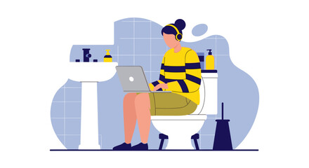 Woman working on laptop in bathroom - Illustration for articles about remote work, work-life balance, or humor.