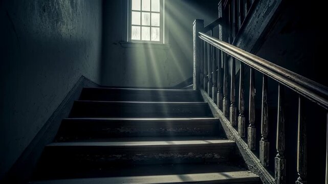 Dark creepy abandoned house interior with dusty wooden staircase and window light rays, scary horror movie.
