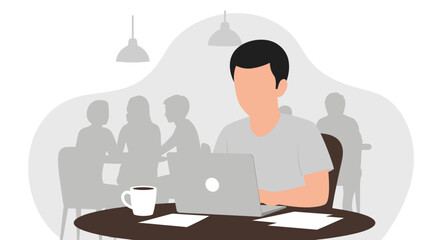 Man working on laptop in cafe, ideal for website banners or business presentations.