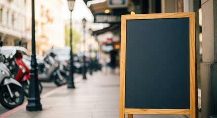 Outdoor blank menu board on city street, showcasing empty space for advertising.