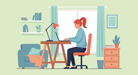 Woman working from home at her desk, perfect for blog posts about remote work or productivity.